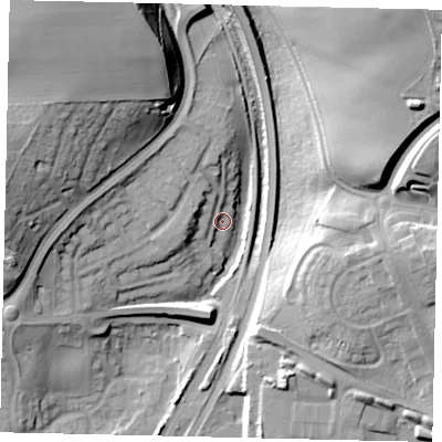 Shaded relief map of the ground around YO124JH, computed from Environment Agency LiDAR. The ground here sits at about 37 m above sea level and falls 38 m across the surrounding 800 m. Surface water reaching this point runs off ground lying to the west, 14.4 m higher.