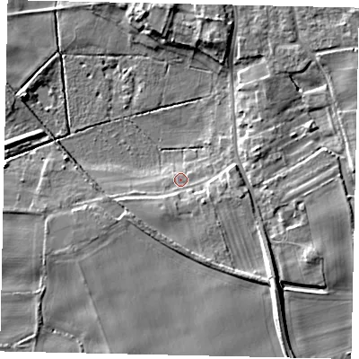 Shaded relief map of the ground around YO124QB, computed from Environment Agency LiDAR. The ground here sits at about 28 m above sea level and falls 10 m across the surrounding 800 m. Surface water reaching this point runs off ground lying to the south-south-west, 3.0 m higher.