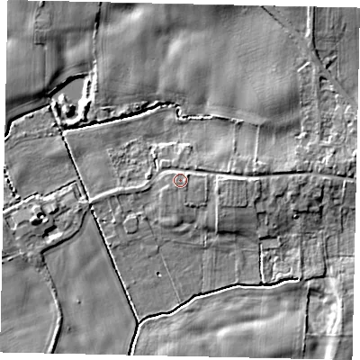 Shaded relief map of the ground around YO124RJ, computed from Environment Agency LiDAR. The ground here sits at about 31 m above sea level and falls 9 m across the surrounding 800 m. Surface water reaching this point runs off ground lying to the east, 3.3 m higher.
