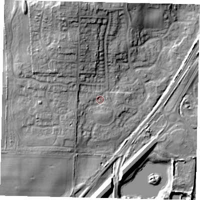 Shaded relief map of the ground around YO124UH, computed from Environment Agency LiDAR. The ground here sits at about 35 m above sea level and falls 21 m across the surrounding 800 m. Surface water reaching this point runs off ground lying to the north-west, 1.5 m higher.