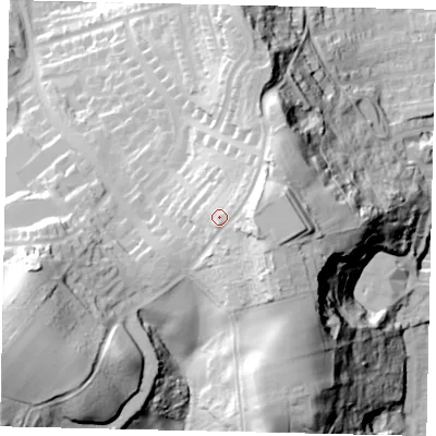 Shaded relief map of the ground around YO125NF, computed from Environment Agency LiDAR. The ground here sits at about 101 m above sea level and falls 65 m across the surrounding 800 m. Surface water reaching this point runs off ground lying to the east-south-east, 11.4 m higher.