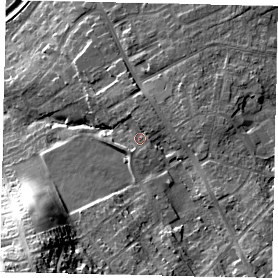 Shaded relief map of the ground around YO125PA, computed from Environment Agency LiDAR. The ground here sits at about 48 m above sea level and falls 49 m across the surrounding 800 m. Surface water reaching this point runs off ground lying to the south-south-west, 12.5 m higher.