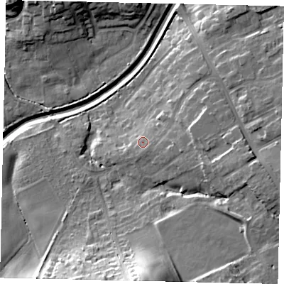 Shaded relief map of the ground around YO125RY, computed from Environment Agency LiDAR. The ground here sits at about 45 m above sea level and falls 30 m across the surrounding 800 m. Surface water reaching this point runs off ground lying to the south-south-east, 2.2 m higher.