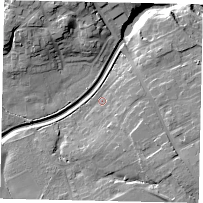 Shaded relief map of the ground around YO125SB, computed from Environment Agency LiDAR. The ground here sits at about 38 m above sea level and falls 27 m across the surrounding 800 m. Surface water reaching this point runs off ground lying to the south-east, 11.5 m higher.