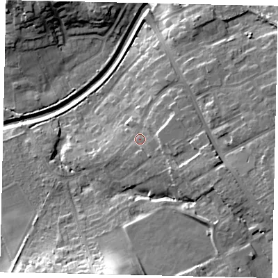 Shaded relief map of the ground around YO125SD, computed from Environment Agency LiDAR. The ground here sits at about 45 m above sea level and falls 28 m across the surrounding 800 m. Surface water reaching this point runs off ground lying to the south-south-east, 2.5 m higher.
