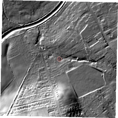 Shaded relief map of the ground around YO125SE, computed from Environment Agency LiDAR. The ground here sits at about 43 m above sea level and falls 41 m across the surrounding 800 m. Surface water reaching this point runs off ground lying to the south, 32.8 m higher.