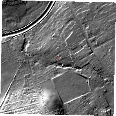 Shaded relief map of the ground around YO125SF, computed from Environment Agency LiDAR. The ground here sits at about 45 m above sea level and falls 35 m across the surrounding 800 m. Surface water reaching this point runs off ground lying to the north-north-east, 1.6 m higher.