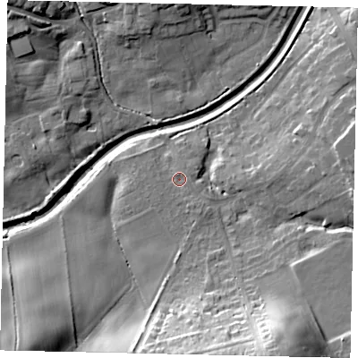 Shaded relief map of the ground around YO125SG, computed from Environment Agency LiDAR. The ground here sits at about 43 m above sea level and falls 32 m across the surrounding 800 m. Surface water reaching this point runs off ground lying to the south-south-east, 2.0 m higher.