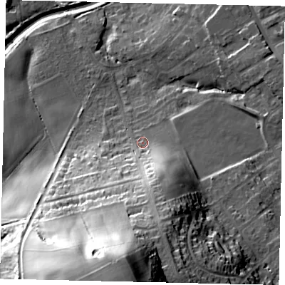Shaded relief map of the ground around YO125SL, computed from Environment Agency LiDAR. The ground here sits at about 49 m above sea level and falls 66 m across the surrounding 800 m. Surface water reaching this point runs off ground lying to the south-south-east, 23.7 m higher.