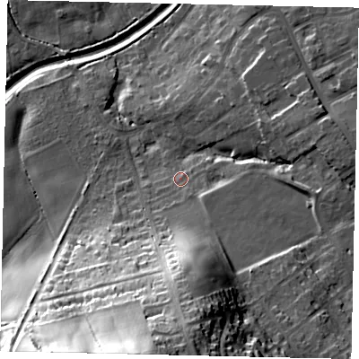 Shaded relief map of the ground around YO125SN, computed from Environment Agency LiDAR. The ground here sits at about 46 m above sea level and falls 52 m across the surrounding 800 m. Surface water reaching this point runs off ground lying to the south, 24.5 m higher.