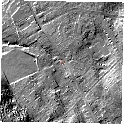 Shaded relief map of the ground around YO126ED, computed from Environment Agency LiDAR. The ground here sits at about 48 m above sea level and falls 39 m across the surrounding 800 m. Surface water reaching this point runs off ground lying to the south-west, 25.2 m higher.