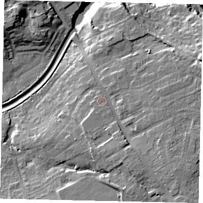 Shaded relief map of the ground around YO126EE, computed from Environment Agency LiDAR. The ground here sits at about 45 m above sea level and falls 26 m across the surrounding 800 m. Surface water reaching this point runs off ground lying to the south, 1.7 m higher.