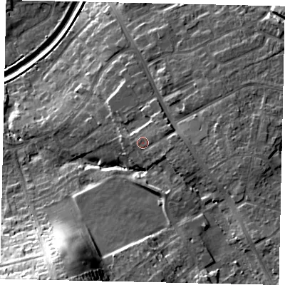 Shaded relief map of the ground around YO126EG, computed from Environment Agency LiDAR. The ground here sits at about 48 m above sea level and falls 35 m across the surrounding 800 m. Surface water reaching this point runs off ground lying to the east, 1.9 m higher.