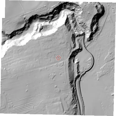 Shaded relief map of the ground around YO126RP, computed from Environment Agency LiDAR. The ground here sits at about 28 m above sea level and falls 43 m across the surrounding 800 m. Surface water reaching this point runs off ground lying to the west-south-west, 11.5 m higher.