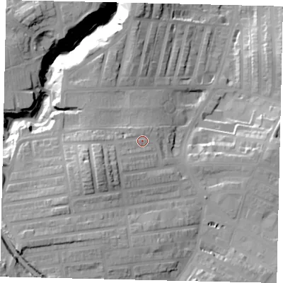 Shaded relief map of the ground around YO127LJ, computed from Environment Agency LiDAR. The ground here sits at about 48 m above sea level and falls 35 m across the surrounding 800 m. Surface water reaching this point runs off ground lying to the south-west, 8.8 m higher.