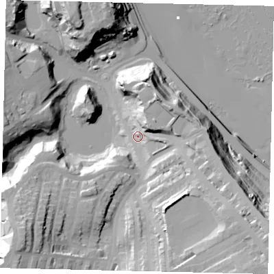 Shaded relief map of the ground around YO127TL, computed from Environment Agency LiDAR. The ground here sits at about 13 m above sea level and falls 46 m across the surrounding 800 m. Surface water reaching this point runs off ground lying to the south-east, 26.1 m higher.