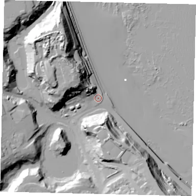 Shaded relief map of the ground around YO127TN, computed from Environment Agency LiDAR. The ground here sits at about 6 m above sea level and falls 41 m across the surrounding 800 m. Surface water reaching this point runs off ground lying to the north-west, 12.8 m higher.