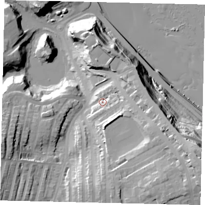Shaded relief map of the ground around YO127TR, computed from Environment Agency LiDAR. The ground here sits at about 23 m above sea level and falls 49 m across the surrounding 800 m. Surface water reaching this point runs off ground lying to the east-south-east, 19.6 m higher.