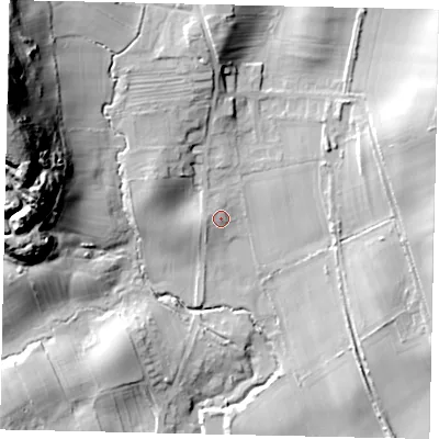 Shaded relief map of the ground around YO130AB, computed from Environment Agency LiDAR. The ground here sits at about 48 m above sea level and falls 52 m across the surrounding 800 m. Surface water reaching this point runs off ground lying to the west, 2.6 m higher.
