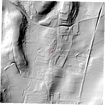 Shaded relief map of the ground around YO130AE, computed from Environment Agency LiDAR. The ground here sits at about 61 m above sea level and falls 46 m across the surrounding 800 m. Surface water reaching this point runs off ground lying to the north-north-east, 17.9 m higher.