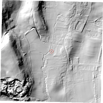 Shaded relief map of the ground around YO130AG, computed from Environment Agency LiDAR. The ground here sits at about 56 m above sea level and falls 60 m across the surrounding 800 m. Surface water reaching this point runs off ground lying to the north-north-west, 30.4 m higher.