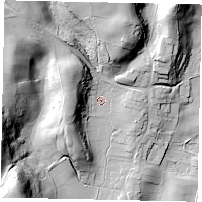 Shaded relief map of the ground around YO130AN, computed from Environment Agency LiDAR. The ground here sits at about 61 m above sea level and falls 58 m across the surrounding 800 m. Surface water reaching this point runs off ground lying to the north-west, 38.7 m higher.