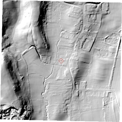 Shaded relief map of the ground around YO130AQ, computed from Environment Agency LiDAR. The ground here sits at about 57 m above sea level and falls 59 m across the surrounding 800 m. Surface water reaching this point runs off ground lying to the north-north-west, 32.3 m higher.