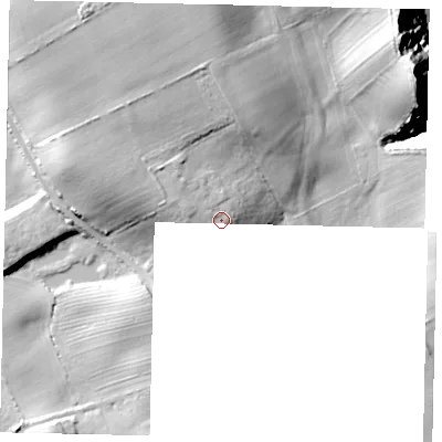 Shaded relief map of the ground around YO130DA, computed from Environment Agency LiDAR. The ground here sits at about 46 m above sea level and falls 54 m across the surrounding 800 m. Surface water reaching this point runs off ground lying to the west-north-west, 2.9 m higher.