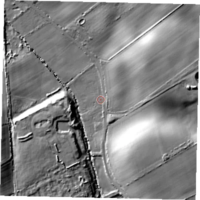 Shaded relief map of the ground around YO130DE, computed from Environment Agency LiDAR. The ground here sits at about 38 m above sea level and falls 22 m across the surrounding 800 m. Surface water reaching this point runs off ground lying to the south-east, 17.9 m higher.