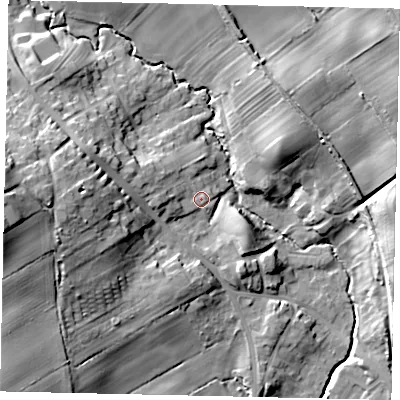 Shaded relief map of the ground around YO130HD, computed from Environment Agency LiDAR. The ground here sits at about 46 m above sea level and falls 28 m across the surrounding 800 m. Surface water reaching this point runs off ground lying to the west, 4.8 m higher.