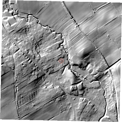Shaded relief map of the ground around YO130HE, computed from Environment Agency LiDAR. The ground here sits at about 45 m above sea level and falls 27 m across the surrounding 800 m. Surface water reaching this point runs off ground lying to the west, 7.6 m higher.