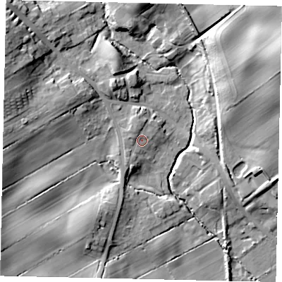 Shaded relief map of the ground around YO130HP, computed from Environment Agency LiDAR. The ground here sits at about 43 m above sea level and falls 26 m across the surrounding 800 m. Surface water reaching this point runs off ground lying to the north-north-west, 2.4 m higher.