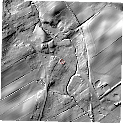 Shaded relief map of the ground around YO130HR, computed from Environment Agency LiDAR. The ground here sits at about 43 m above sea level and falls 27 m across the surrounding 800 m. Surface water reaching this point runs off ground lying to the west, 4.4 m higher.