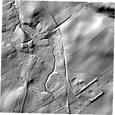 Shaded relief map of the ground around YO130HS, computed from Environment Agency LiDAR. The ground here sits at about 43 m above sea level and falls 30 m across the surrounding 800 m. Surface water reaching this point runs off ground lying to the east-north-east, 26.2 m higher.