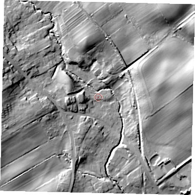 Shaded relief map of the ground around YO130HT, computed from Environment Agency LiDAR. The ground here sits at about 42 m above sea level and falls 27 m across the surrounding 800 m. Surface water reaching this point runs off ground lying to the west-north-west, 15.5 m higher.