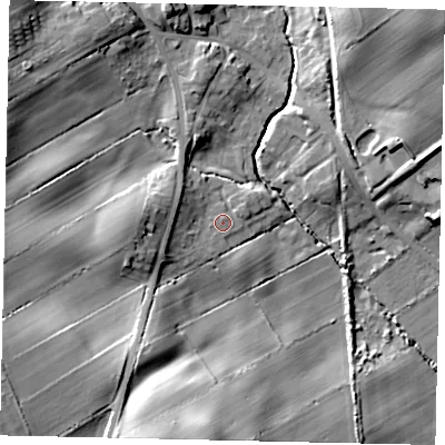 Shaded relief map of the ground around YO130HW, computed from Environment Agency LiDAR. The ground here sits at about 42 m above sea level and falls 25 m across the surrounding 800 m. Surface water reaching this point runs off ground lying to the south-west, 1.0 m higher.