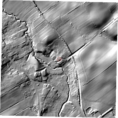 Shaded relief map of the ground around YO130HX, computed from Environment Agency LiDAR. The ground here sits at about 45 m above sea level and falls 28 m across the surrounding 800 m. Surface water reaching this point runs off ground lying to the east-north-east, 2.1 m higher.