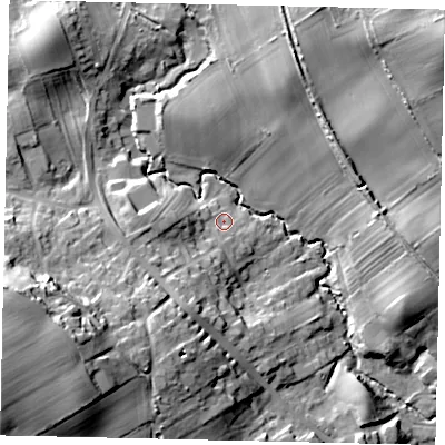 Shaded relief map of the ground around YO130JA, computed from Environment Agency LiDAR. The ground here sits at about 45 m above sea level and falls 32 m across the surrounding 800 m. Surface water reaching this point runs off ground lying to the south-south-west, 10.3 m higher.