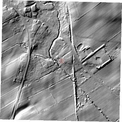 Shaded relief map of the ground around YO130JJ, computed from Environment Agency LiDAR. The ground here sits at about 41 m above sea level and falls 30 m across the surrounding 800 m. Surface water reaching this point runs off ground lying to the north-north-east, 25.6 m higher.