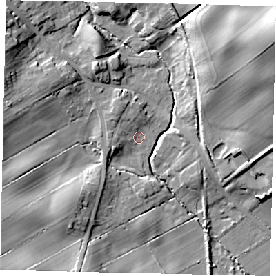 Shaded relief map of the ground around YO130JL, computed from Environment Agency LiDAR. The ground here sits at about 41 m above sea level and falls 28 m across the surrounding 800 m. Surface water reaching this point runs off ground lying to the north-north-west, 4.5 m higher.