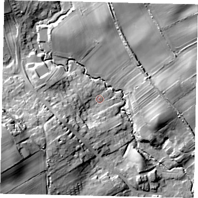 Shaded relief map of the ground around YO130JQ, computed from Environment Agency LiDAR. The ground here sits at about 44 m above sea level and falls 30 m across the surrounding 800 m. Surface water reaching this point runs off ground lying to the west-south-west, 11.1 m higher.