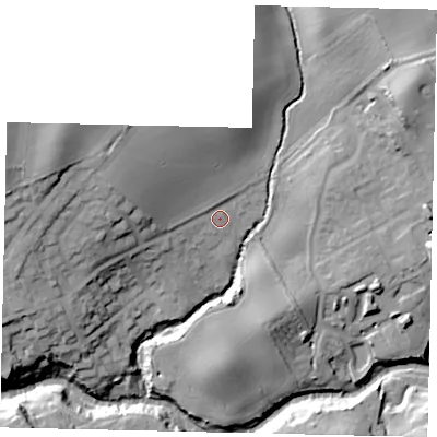 Shaded relief map of the ground around YO130QG, computed from Environment Agency LiDAR. The ground here sits at about 36 m above sea level and falls 31 m across the surrounding 800 m. Surface water reaching this point runs off ground lying to the west, 2.7 m higher.