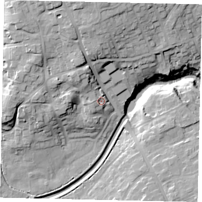 Shaded relief map of the ground around YO130RA, computed from Environment Agency LiDAR. The ground here sits at about 44 m above sea level and falls 31 m across the surrounding 800 m. Surface water reaching this point runs off ground lying to the west, 5.6 m higher.