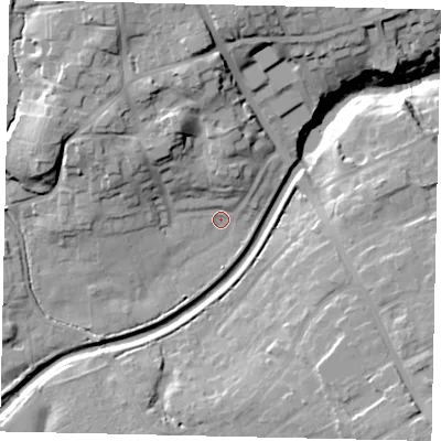 Shaded relief map of the ground around YO130RD, computed from Environment Agency LiDAR. The ground here sits at about 38 m above sea level and falls 28 m across the surrounding 800 m. Surface water reaching this point runs off ground lying to the north-north-west, 16.6 m higher.
