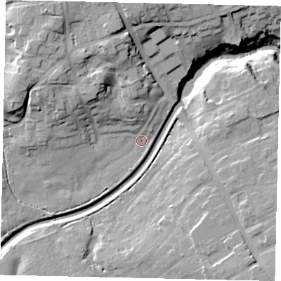 Shaded relief map of the ground around YO130RE, computed from Environment Agency LiDAR. The ground here sits at about 38 m above sea level and falls 28 m across the surrounding 800 m. Surface water reaching this point runs off ground lying to the north-west, 16.8 m higher.