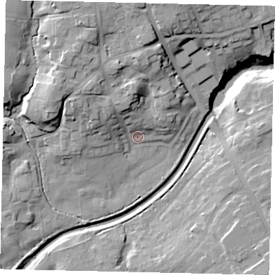 Shaded relief map of the ground around YO130RF, computed from Environment Agency LiDAR. The ground here sits at about 39 m above sea level and falls 27 m across the surrounding 800 m. Surface water reaching this point runs off ground lying to the north-west, 13.4 m higher.