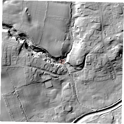 Shaded relief map of the ground around YO130SB, computed from Environment Agency LiDAR. The ground here sits at about 42 m above sea level and falls 28 m across the surrounding 800 m. Surface water reaching this point runs off ground lying to the west-north-west, 22.4 m higher.