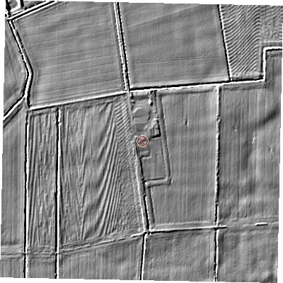Shaded relief map of the ground around YO139BB, computed from Environment Agency LiDAR. The ground here sits at about 23 m above sea level and falls 4 m across the surrounding 800 m. Surface water reaching this point runs off ground lying to the north-east, 0.7 m higher.
