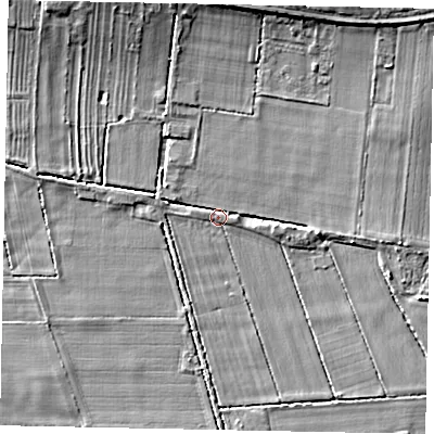 Shaded relief map of the ground around YO139BG, computed from Environment Agency LiDAR. The ground here sits at about 24 m above sea level and falls 10 m across the surrounding 800 m. Surface water reaching this point runs off ground lying to the north-east, 8.7 m higher.