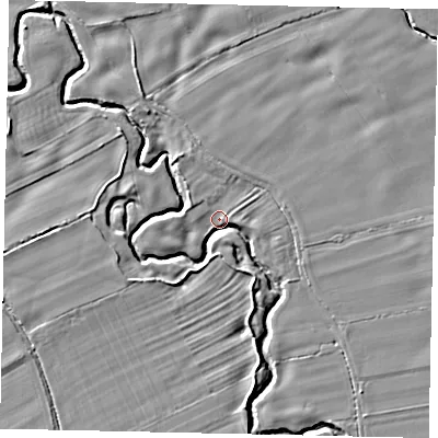Shaded relief map of the ground around YO139BS, computed from Environment Agency LiDAR. The ground here sits at about 31 m above sea level and falls 5 m across the surrounding 800 m. Surface water reaching this point runs off ground lying to the north-west, 4.6 m higher.